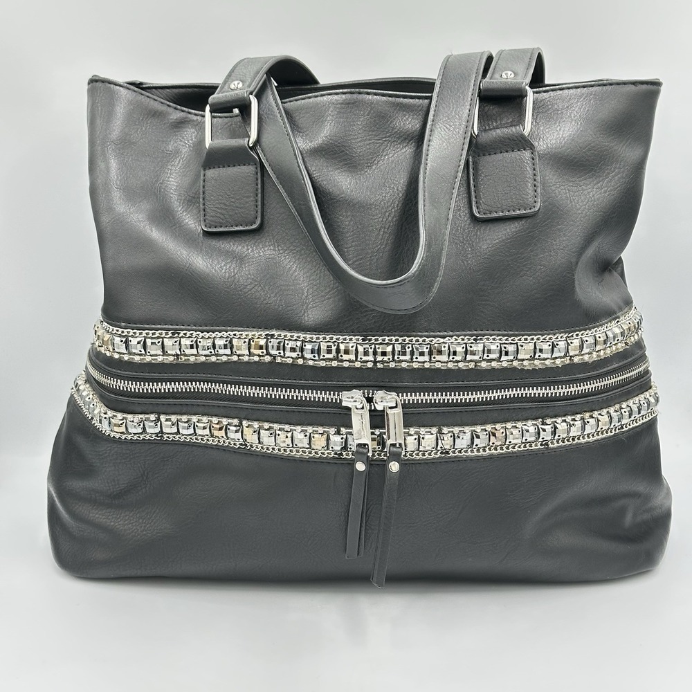 Faux Leather Black Silver Jeweled Large Shoulder Tote Bag 17 X 12 X 6 Edgy Chic